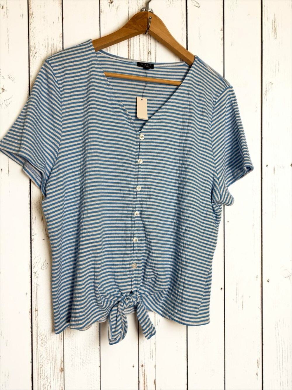NWT Talbots Women Blue Striped V-Neck Tie Front Blouse Top Size XL Petite Casual